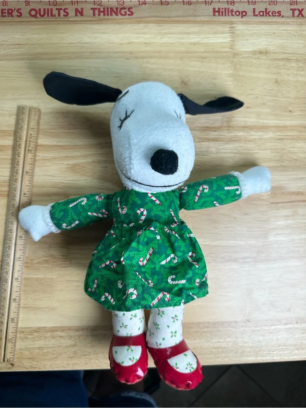 1968 Peanuts Snoopy sister belle 12” Plush Doll in Green Candy-Cane Dress